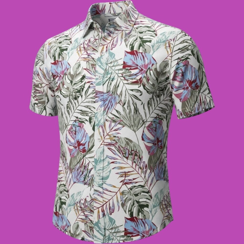 PD&C Hawaiian Shirt Mens M White Tropical Leaf Linen Blend